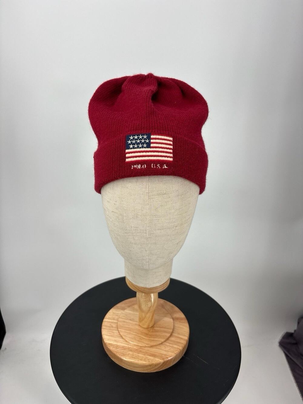 VTG Polo Ralph Lauren Knit Beanie Cap Red USA Flag Wool Blend OSFA Tassel 90s
